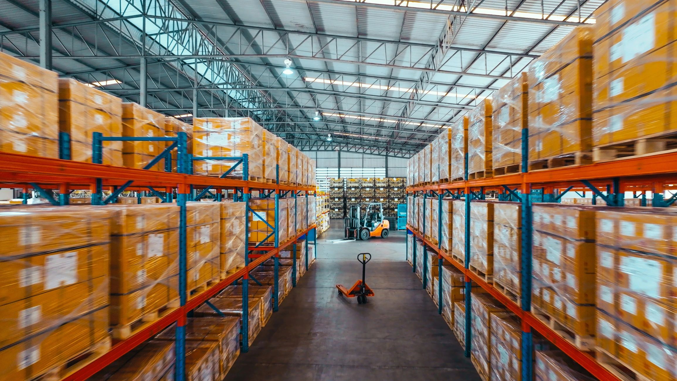 Packages stored on warehouse shelves representing organized shipping handling