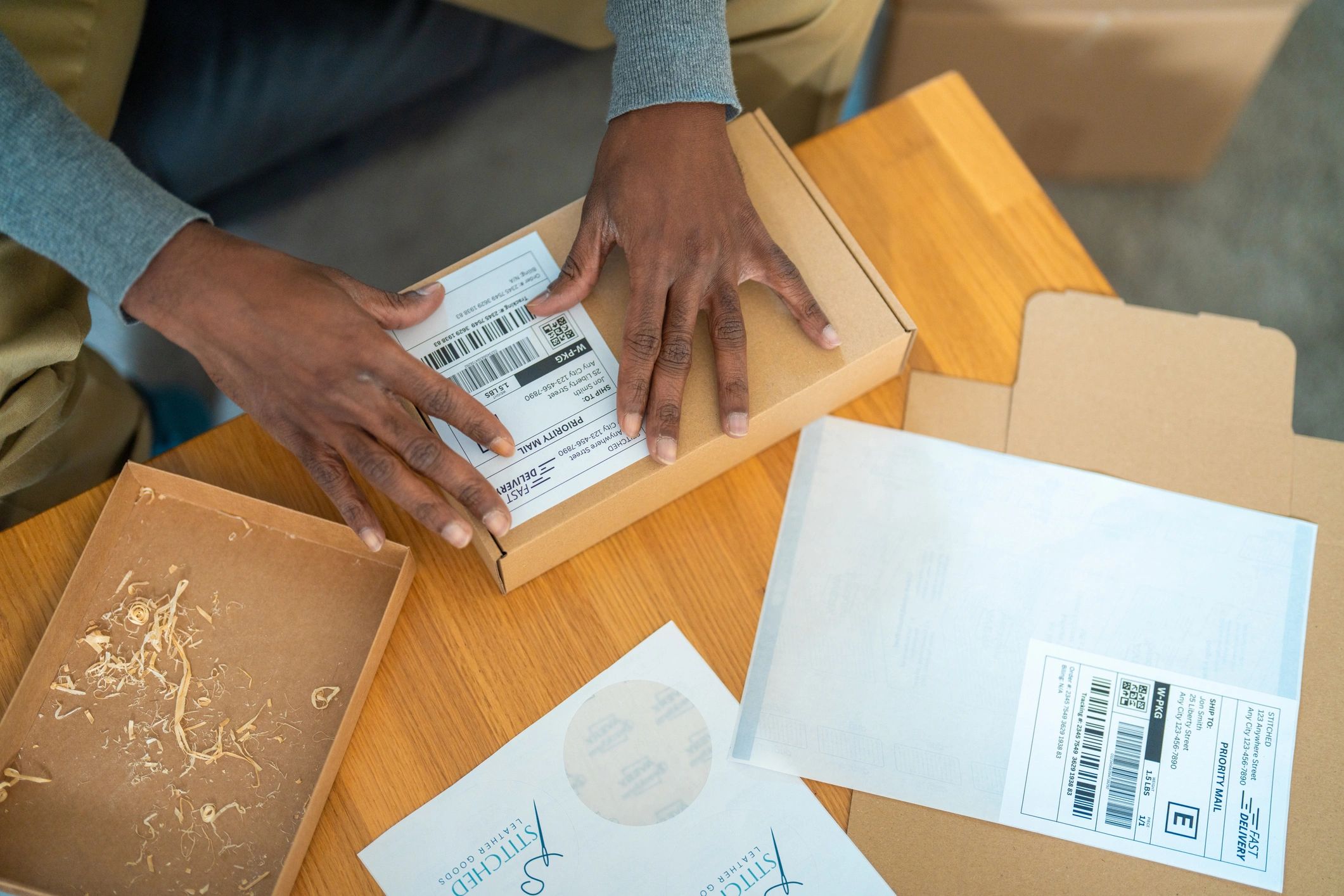 Shipping supplies and labels prepared for a package at The Vault Mailing Solutions