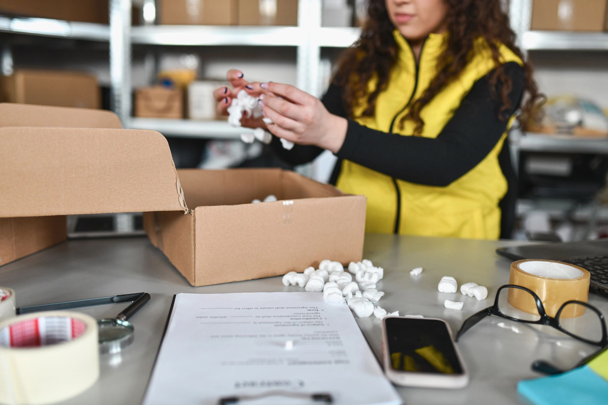 Team member professionally packing a shipment with protective materials